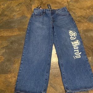 Ed Hardy Wide Leg Jeans in Blue with White Logo